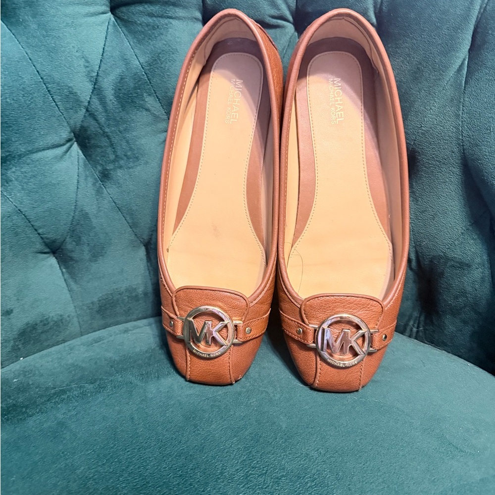 Michael Kors Tan Leather Flats with Silver Logo